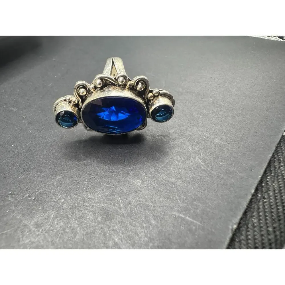 Vtg Blue Sapphire 925 Sterling Silver Jewelry Statement Cocktail Ring Sz 7.5